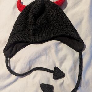 Children's Black Knit Hat with Red Devil Horns